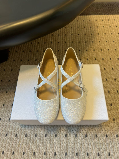 CD 26s New Flat Ballet Flats With Cross Straps White Glitter 622216