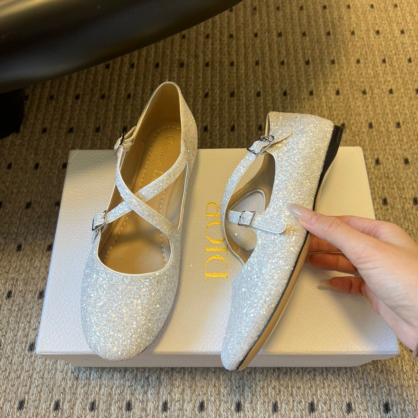 CD 26s New Flat Ballet Flats With Cross Straps White Glitter 622216