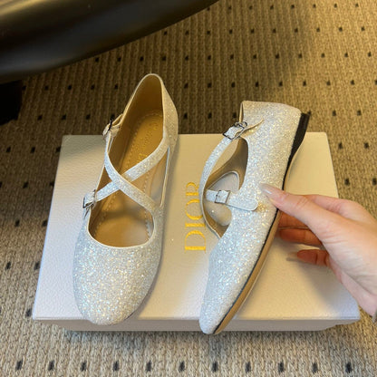 CD 26s New Flat Ballet Flats With Cross Straps White Glitter 622216