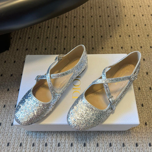 CD 26s New Flat Ballet Flats With Cross Straps Sliver Glitter 622217