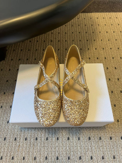 CD 26s New Flat Ballet Flats With Cross Straps Gold Glitter 622218