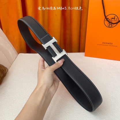 HM Silver Buckle H Belt 38mm Black Calfskin 187186