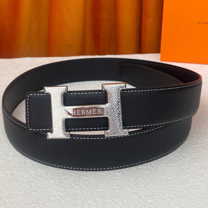 HM Silver Buckle H Belt 38mm Black Calfskin 187186