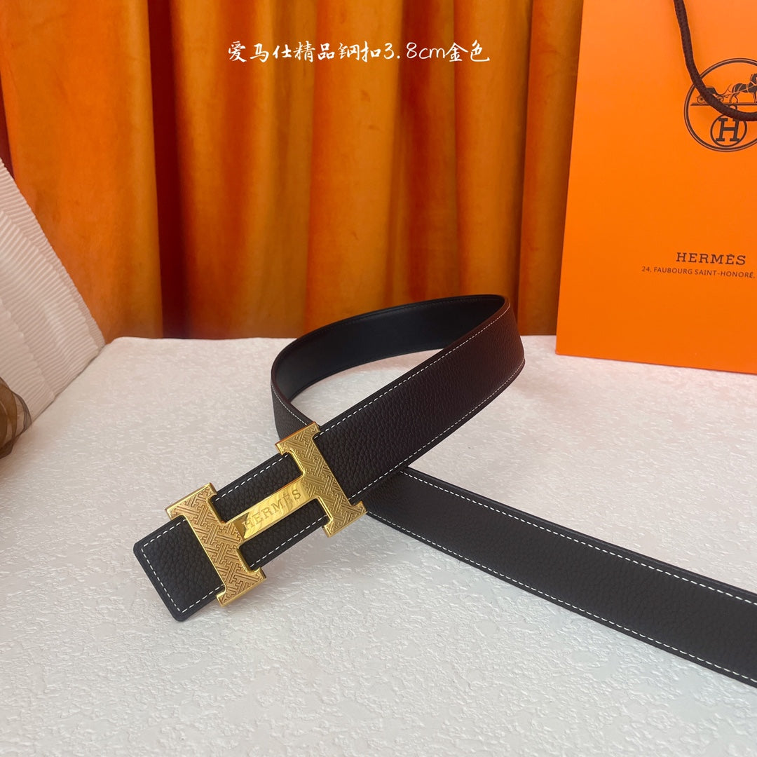 HM Gold Buckle H Belt 38mm Black Brown Calfskin 187185