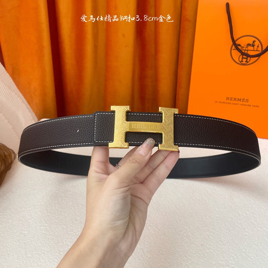 HM Gold Buckle H Belt 38mm Black Brown Calfskin 187185