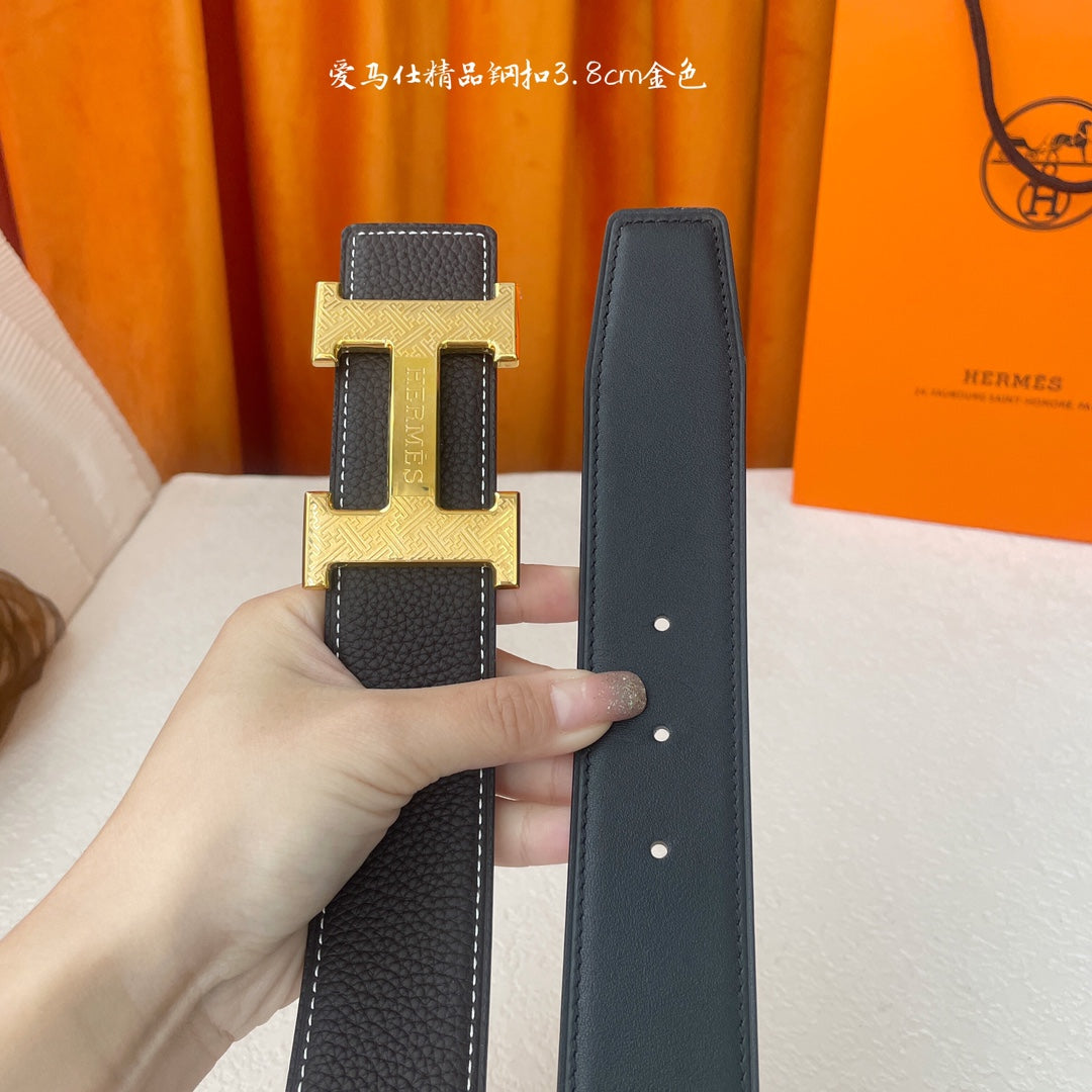 HM Gold Buckle H Belt 38mm Black Brown Calfskin 187185