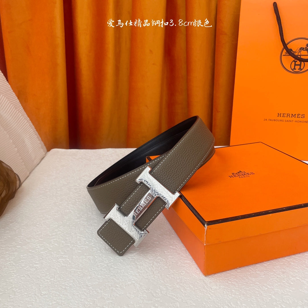 HM Silver Buckle H Belt 38mm Etoupe Calfskin 187184