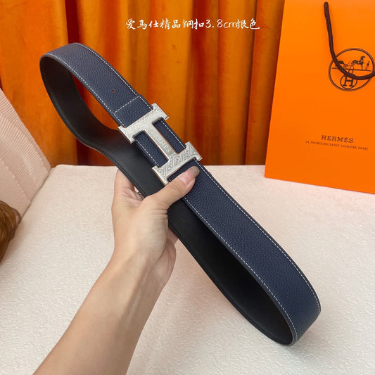 HM Silver Buckle H Belt 38mm Navy Blue Calfskin 187182