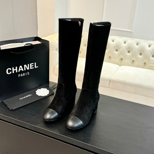 CC 26s Block Heel Long Boot 4.5cm Black Suede Lambskin 957795