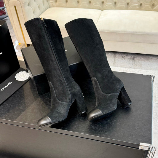 CC 26s Block Heel Long Boot 8cm Black Suede Lambskin 957798