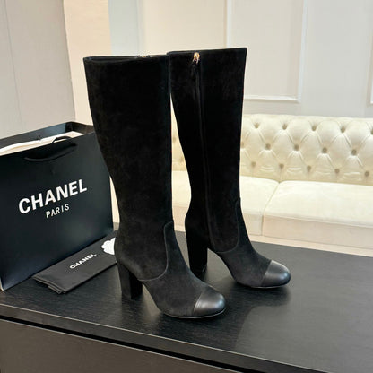 CC 26s Block Heel Long Boot 8cm Black Suede Lambskin 957798
