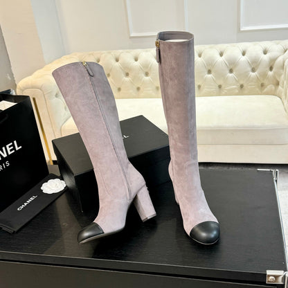 CC 26s Block Heel Long Boot 8cm Light Purple Black Suede Lambskin 957799