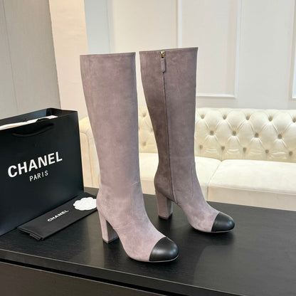 CC 26s Block Heel Long Boot 8cm Light Purple Black Suede Lambskin 957799