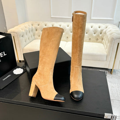 CC 26s Block Heel Long Boot 8cm Beige Black Suede Lambskin 957801