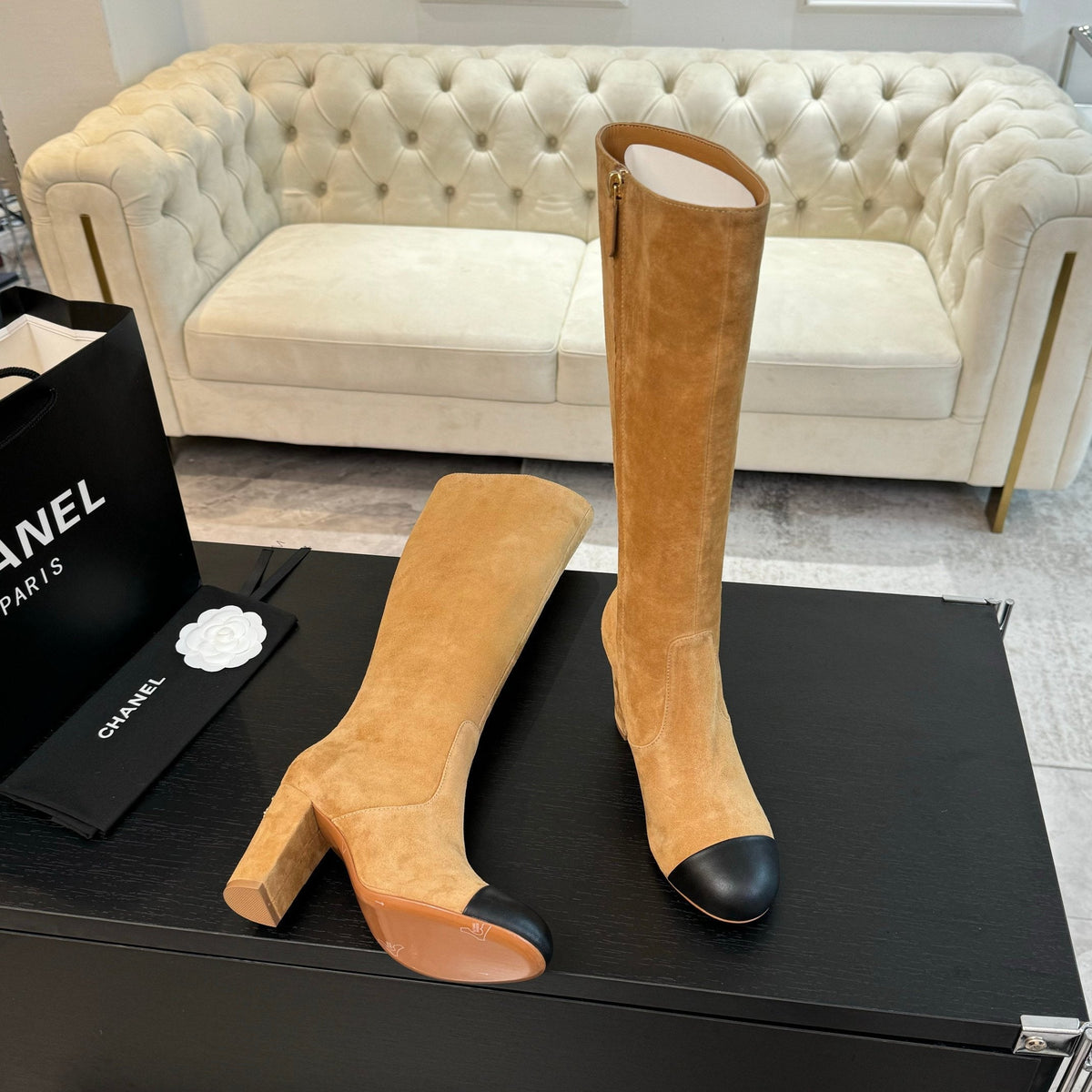 CC 26s Block Heel Long Boot 8cm Beige Black Suede Lambskin 957801