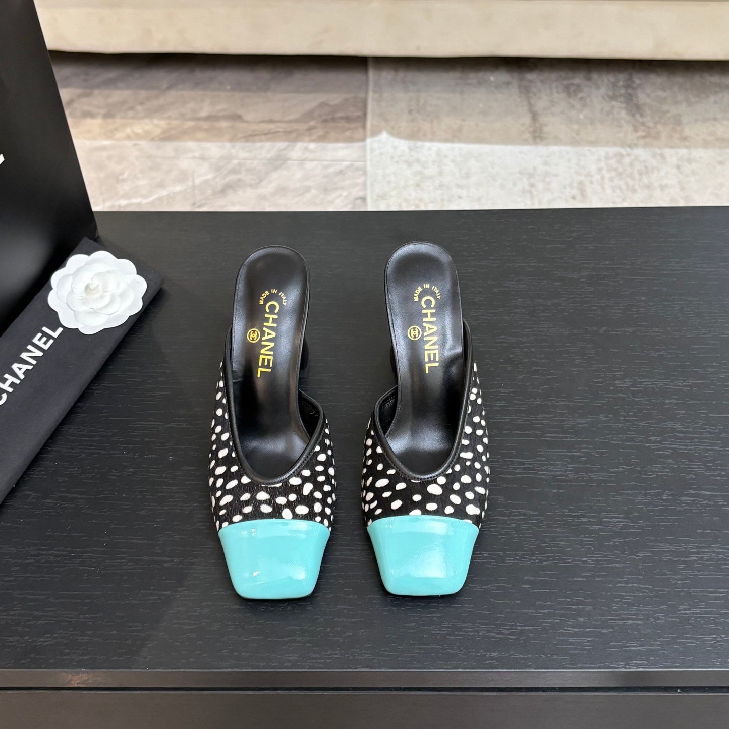 Chanel 2026 Pony Fur Green Square Toe Block Heel Pump Mule 672409