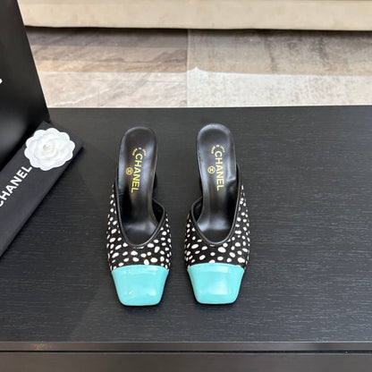Chanel 2026 Pony Fur Green Square Toe Block Heel Pump Mule 672409