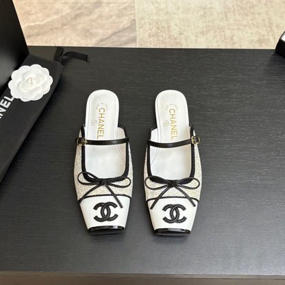 CC 26s Square Head Flat Half Slipper White Sequin Leather 847250