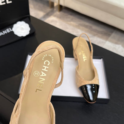 CC 26s Block Heel Slingback 6cm Beige Quilted Suede 957989