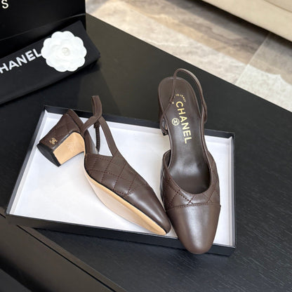 CC 26s Block Heel Slingback 6cm Coffee Quilted Lambskin 957991