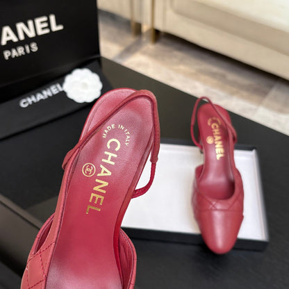 CC 26s Block Heel Slingback 6cm Burgundy Quilted Lambskin 957993