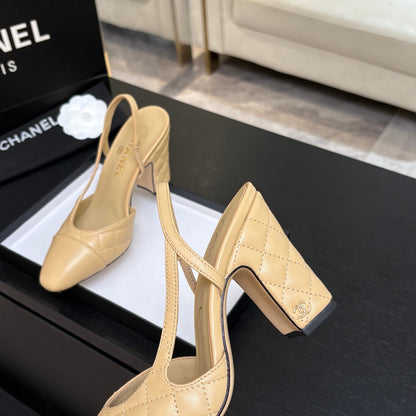 CC 26s Block Heel Slingback 9cm Beige Quilted Lambskin 957997