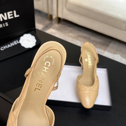 CC 26s Block Heel Slingback 9cm Beige Quilted Lambskin 957997