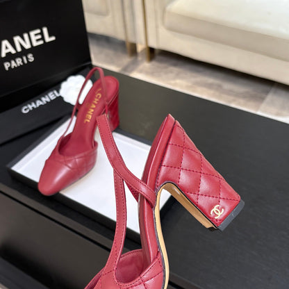 CC 26s Block Heel Slingback 9cm Burgundy Quilted Lambskin 958000
