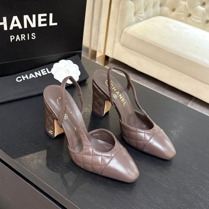 CC 26s Block Heel Slingback 9cm Coffee Quilted Lambskin 958002