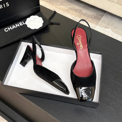CC 26s Square Cap Toe Slingback 7cm Black Suede Patent Leather 958024