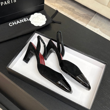 CC 26s Square Cap Toe Slingback 7cm Black Suede Patent Leather 958024