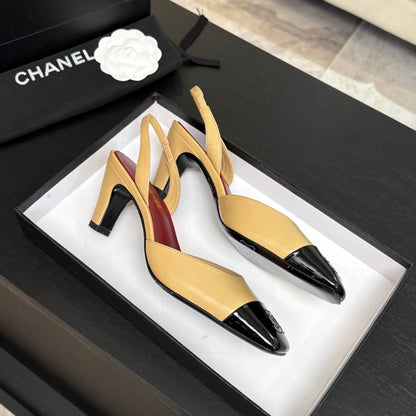 CC 26s Square Cap Toe Slingback 7cm Black Beige Lambskin Patent Leather 958027