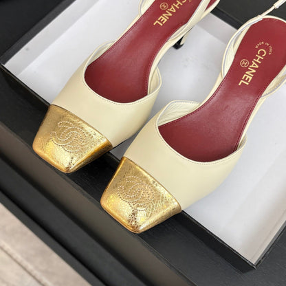 CC 26s Square Cap Toe Slingback 7cm Black Gold Lambskin 958029