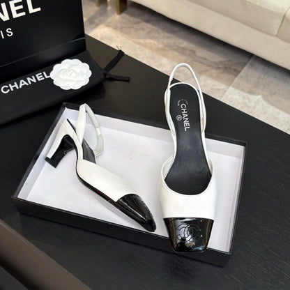 CC 26s Square Cap Toe Slingback 7cm Black White Lambskin Patent Leather 958030