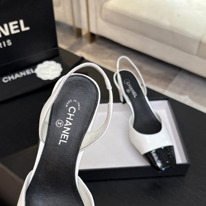 CC 26s Square Cap Toe Slingback 7cm Black White Lambskin Patent Leather 958030