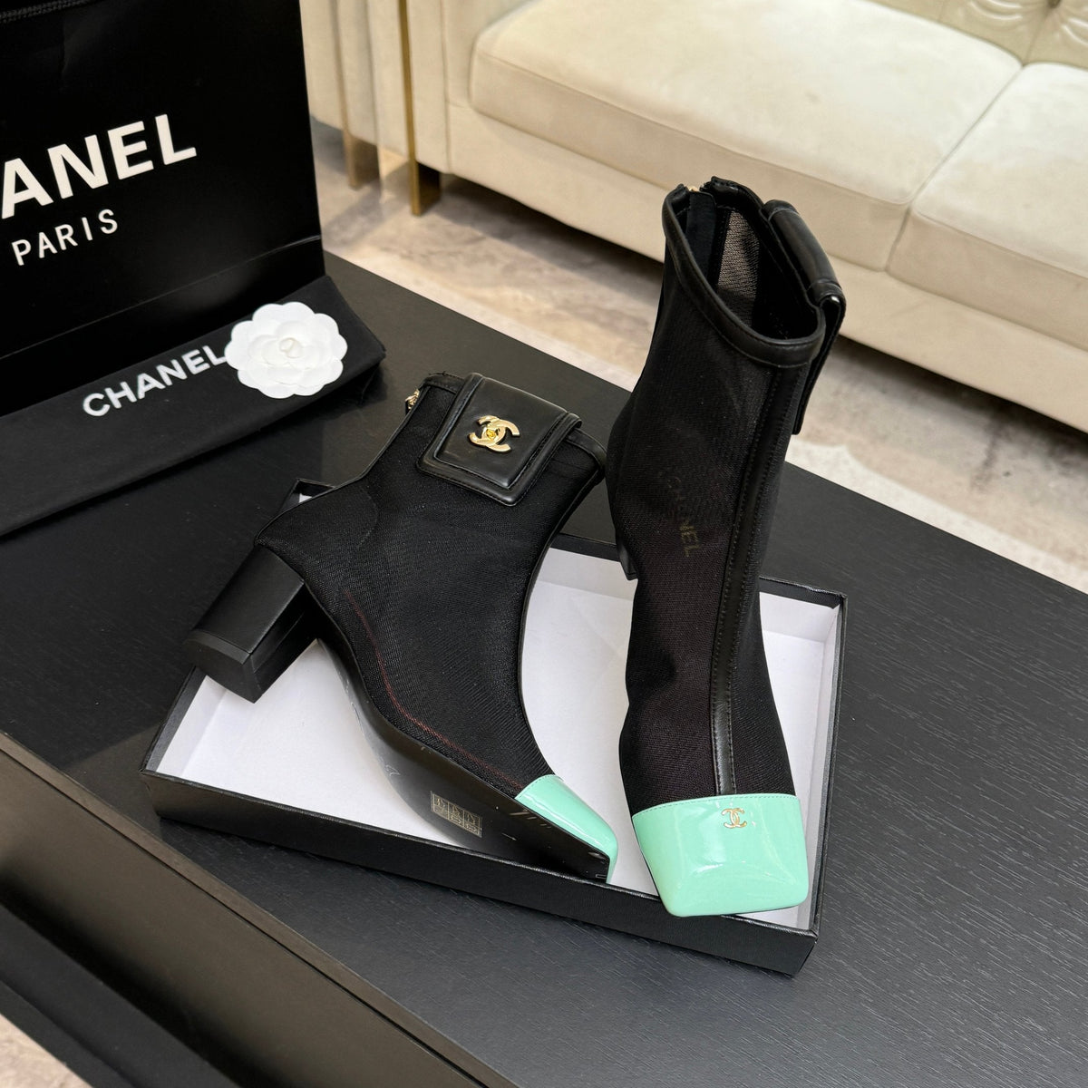CC 26s Ankle Boots With Pocket Black Mint Green Mesh Lambskin 958067