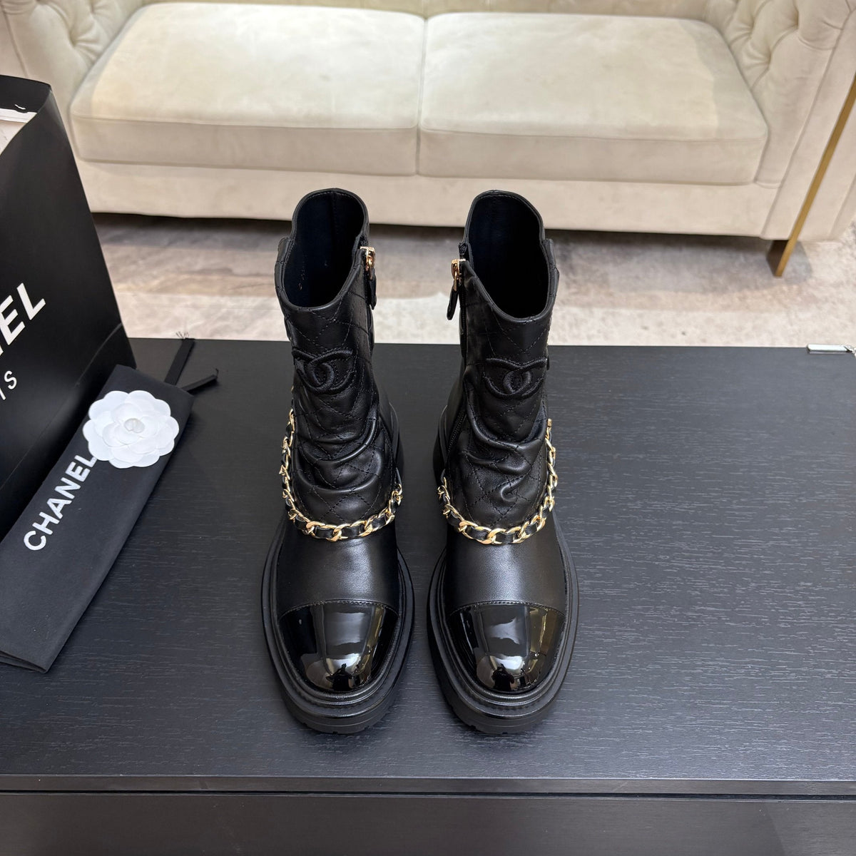CC 26s Combat Boots Black Quilted Patent Calfskin 957754