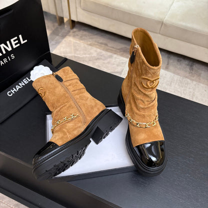 CC 26s Combat Boots Quilted Brown Suede Black Patent Calfskin 957755