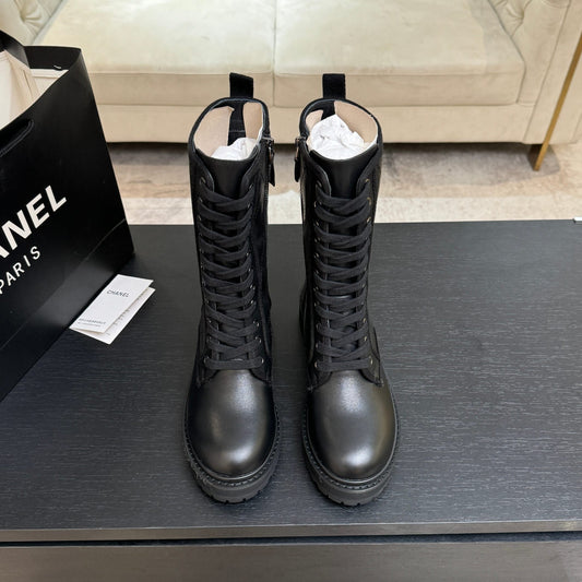 CC Quilted Combat Boots 26s Black Calfskin Leather 101988