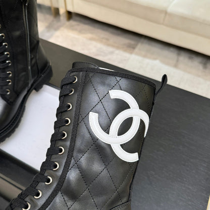 CC Quilted Combat Boots 26s Black Calfskin Leather 101988
