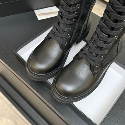 CC Quilted Combat Boots 26s Black Calfskin Leather 101988
