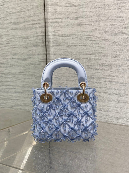 MICRO 12 LADY BAG IN CERULEAN BLUE SATIN WITH BEADING