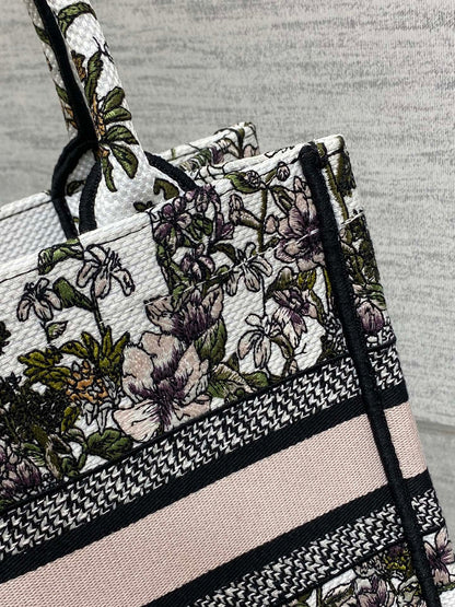 CD Small Dior Book Tote Full Floral Motif White Pink Cotton