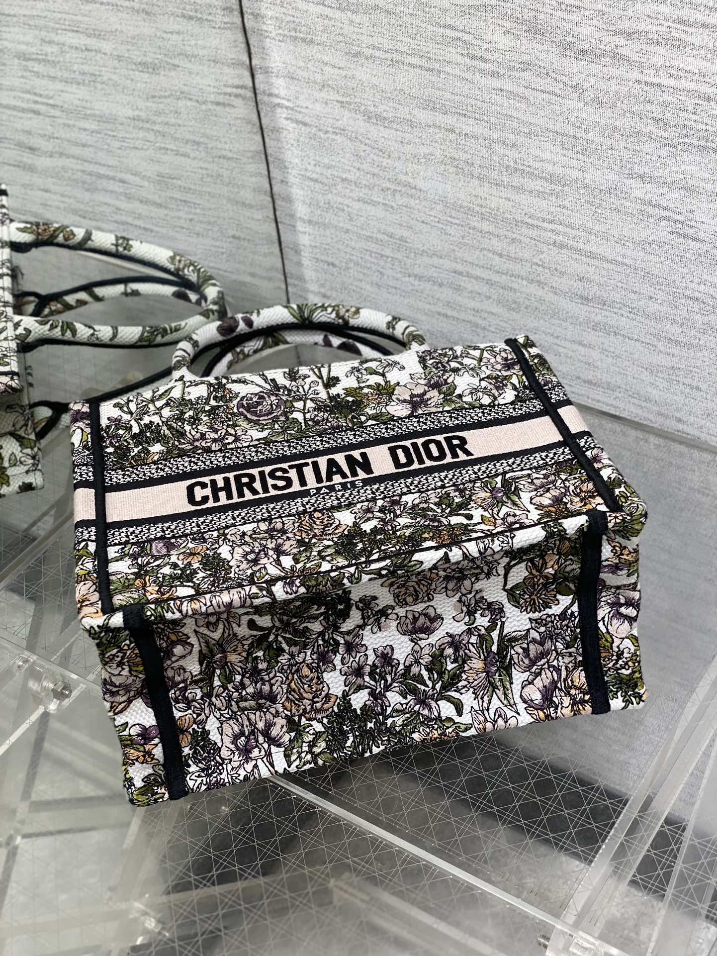 CD Small Dior Book Tote Full Floral Motif White Pink Cotton