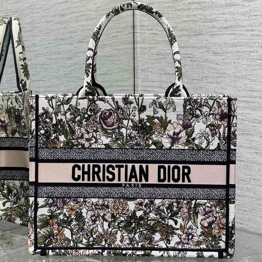 CD Medium Dior Book Tote Full Floral Motif White Pink Cotton 272912