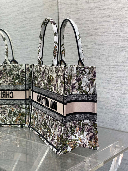 CD Medium Dior Book Tote Full Floral Motif White Pink Cotton 272912
