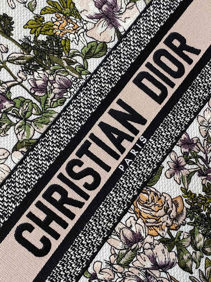 CD Medium Dior Book Tote Floral Motif White Pink Cotton