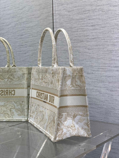 CD Medium Dior Book Tote Tiger Motif White Beige Cotton