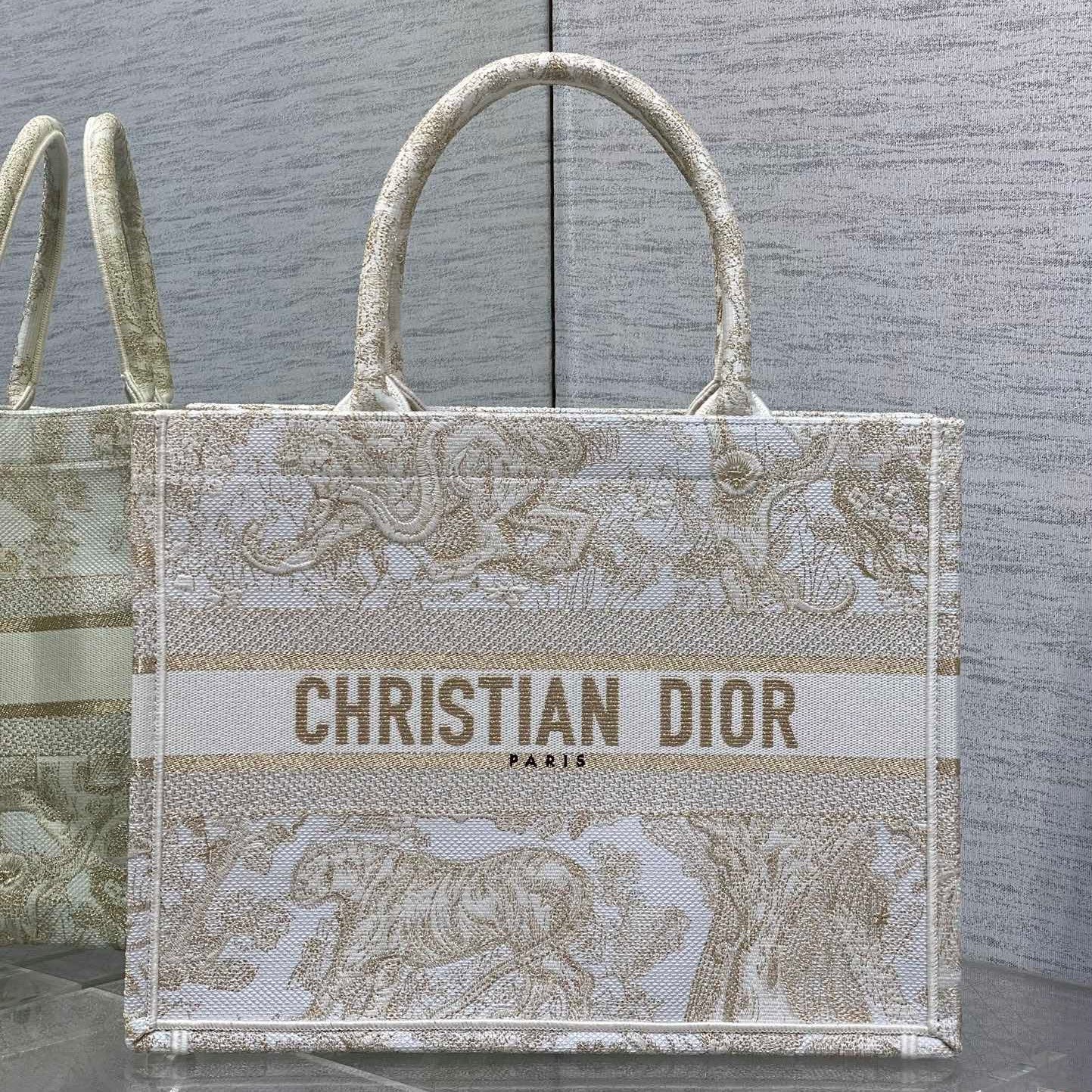 CD Medium Dior Book Tote Tiger Motif White Beige Cotton