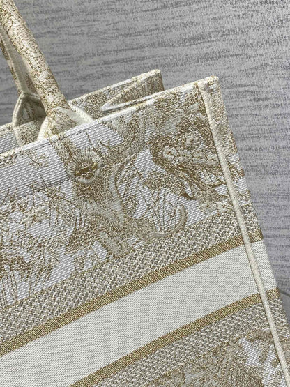 CD Medium Dior Book Tote Tiger Motif White Beige Cotton